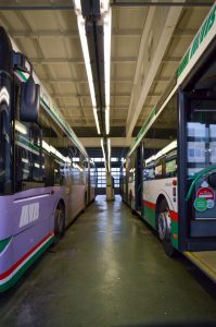 Busse stehen in der Halle
