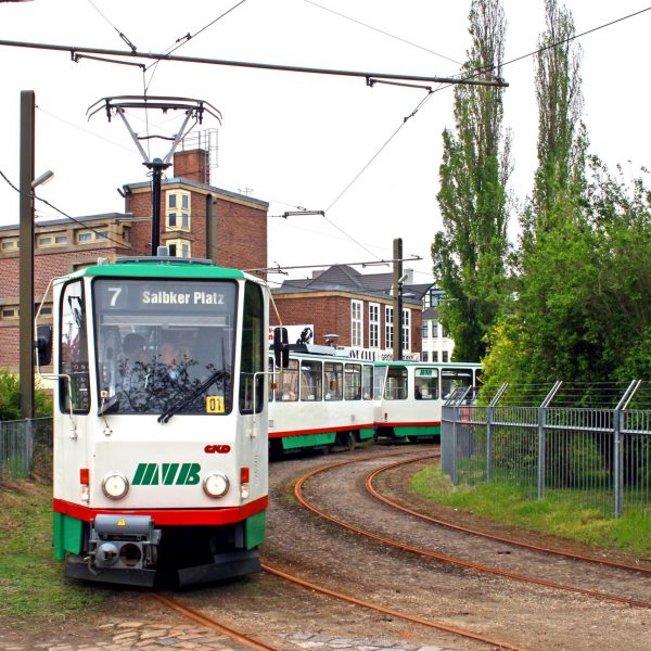 Anlässlich einer gemieteten Sonderfahrt zeigt dieser Zug das Ziel "Linie 7 - Salbker Platz".