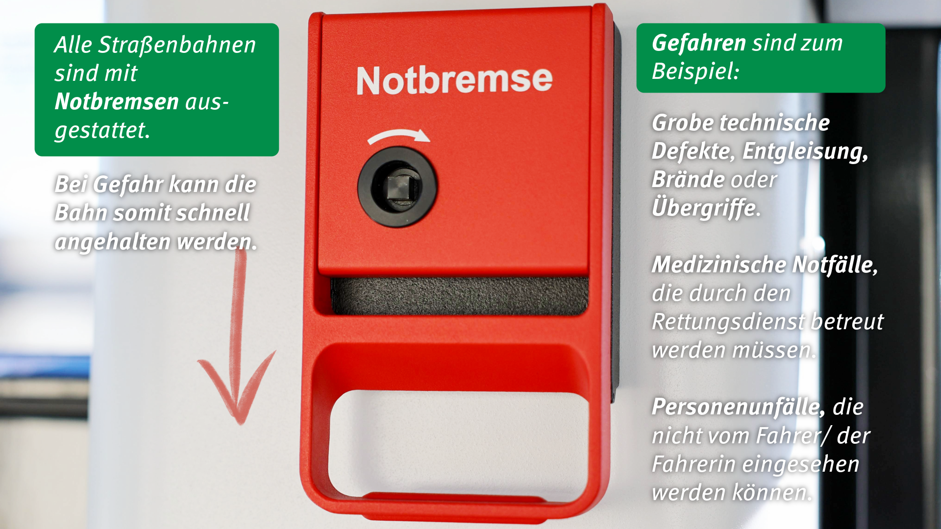 Ein Foto einer Notbremse in der Straßenbahn. Daneben erklärt eine Infografik, wann die Notbremse gezogen werden darf.