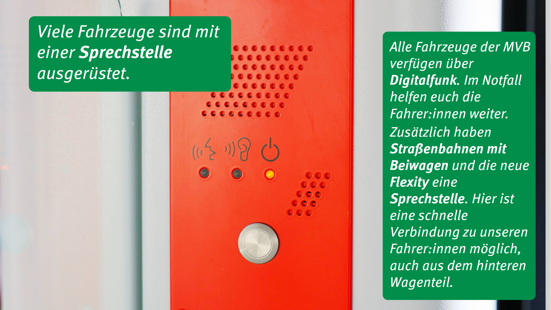 Ein Foto einer Sprechstelle in der Straßenbahn. Daneben erklärt eine Infografik, wo die Sprechstellen verbaut sind und wozu sie genutzt werden können.